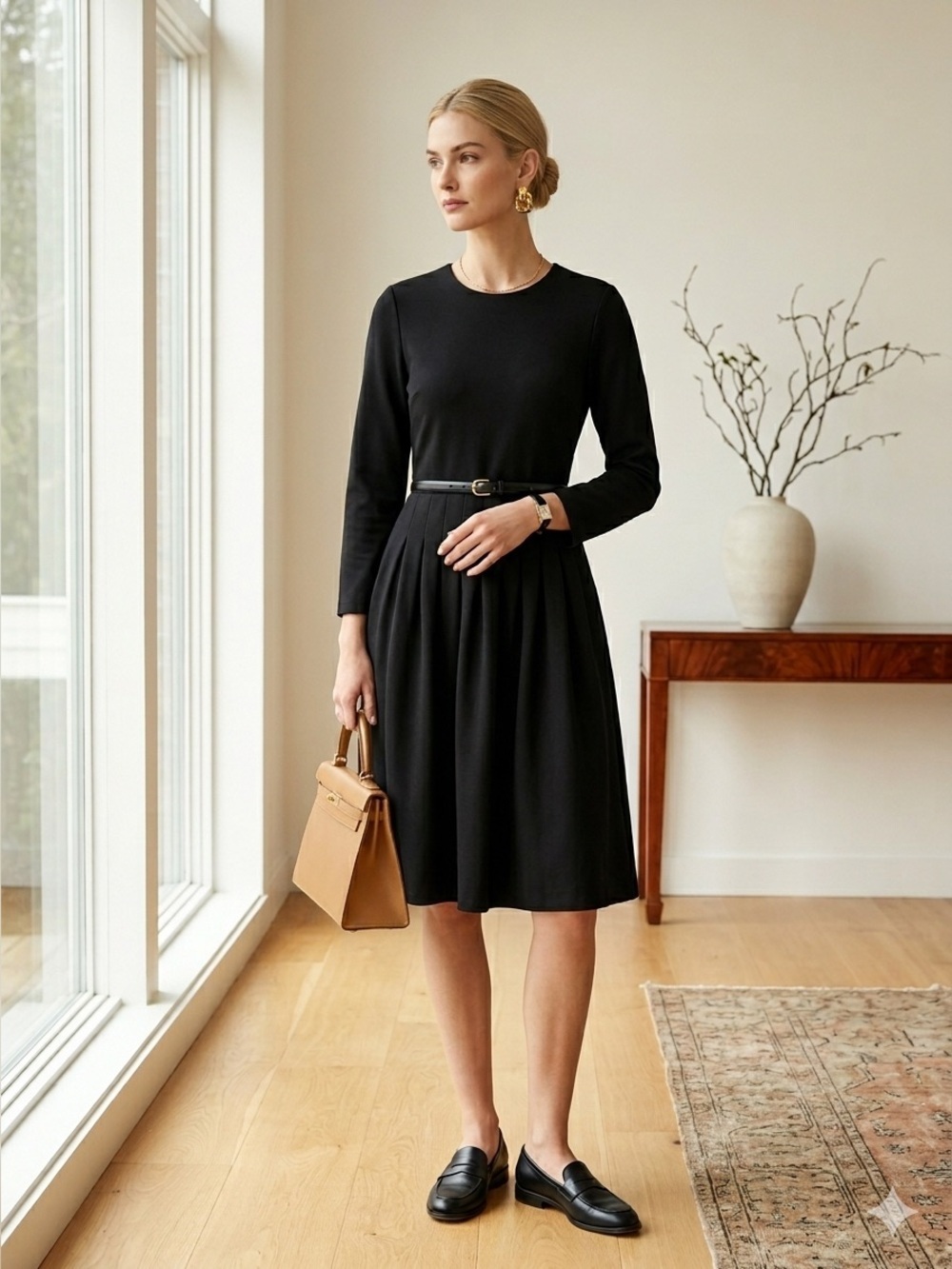 Vintage Pink Tartan black knit fit-and-flare long sleeve pleated dress - Small